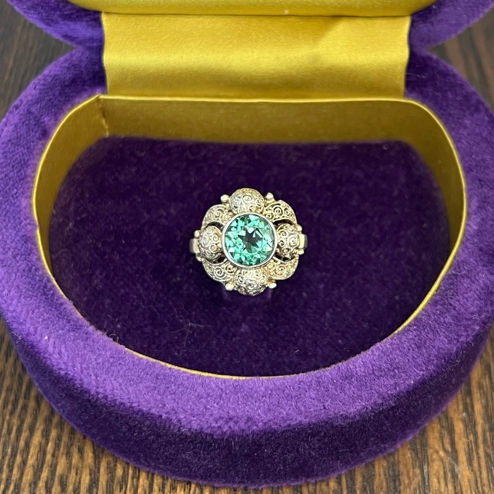 💠 Theodor Fahrner Art Deco Gilt Sterling Silver Filigree Crystal Spinel Ring 💠
